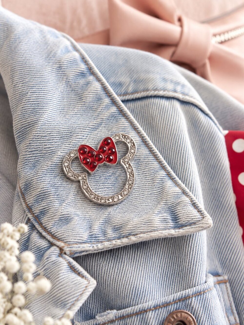 Disney Minnie Mouse Rhinestone Bow Pin Red Silver Disney Parks Style